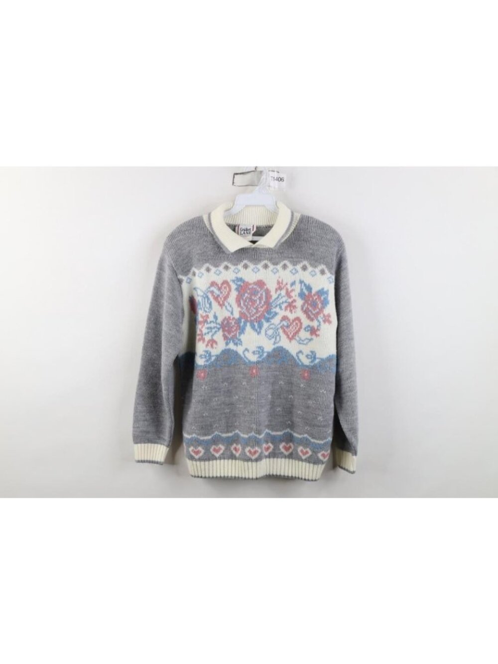 Vtg 90s Fairy Kei Kawaii Collared Sweater Womens Size S Flower Heart Knit USA